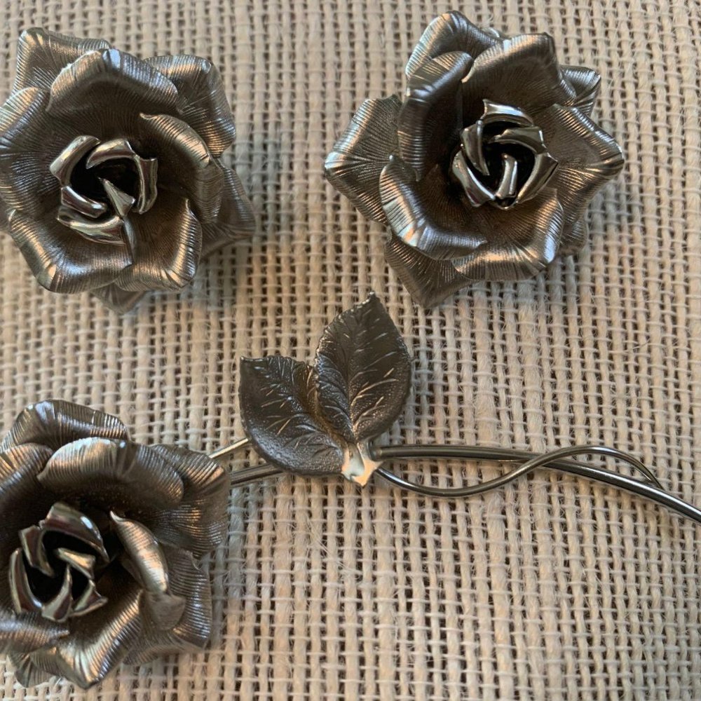 Vintage Silver Foil Roses Earrings Brooch Set